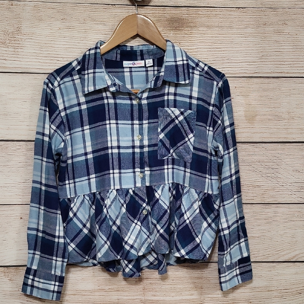 💟 Sugar & Jade Navy and Light Blue Plaid Button Down Peplum Shirt L 12/14